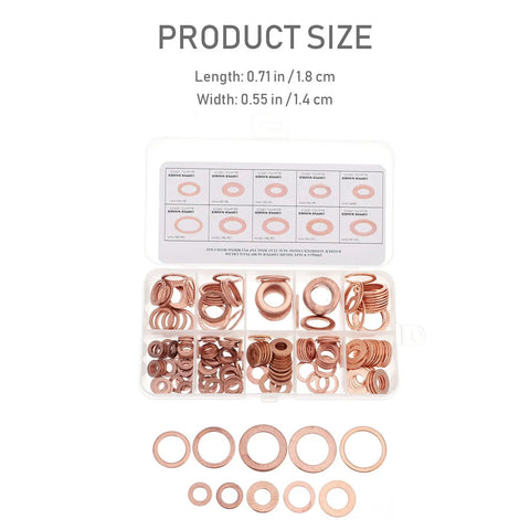 Solid Copper Flat Gasket Set With Smooth Sealing Washers For Auto Oil Leaks And Hydraulic Fluid Repairs Perfect For Garage Projects, Daily Grind Fixes And Sturdy Car Repairs Without No Burrs Or Sharp Edges For Safe Handling. 10-size copper washer kit, 0.71 x 0.55 in