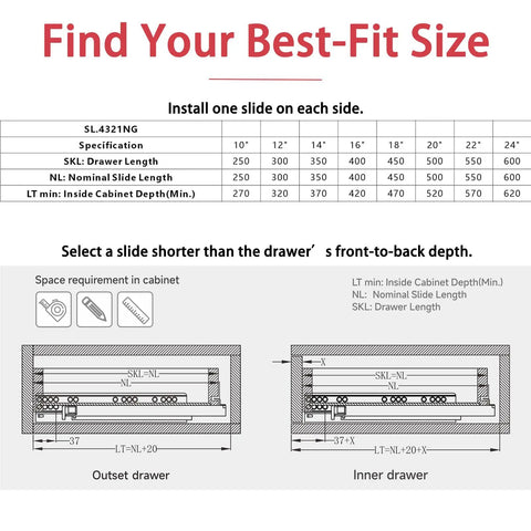 Find Your Best-Fit Size guide for 6 Pair 14 Inch Undermount Drawer Slides Soft Close Full Extension Cabinet Hardware.