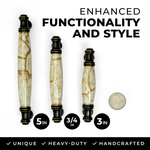 Set Of 10 Straight Up Killer Brown Marble Ceramic Drawer Pulls With Durable Antique Brass End Caps Premium Cabinet Handles For Kitchen Cupboards And Home Dressers Exact 3 3/4 Inch Hole Centers displayed in three sizes with a quarter for scale.