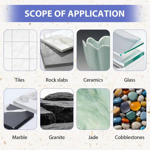 Scope of application for diamond hole saw set including tiles, rock slabs, ceramics, glass, marble, granite, jade, and cobblestones.