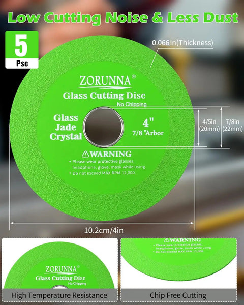Four Inch Diamond Glass Cutting Disc Tool Set With Ultra Thin Discs For Glass Tiles Bottles Jade Crystal And More Must Have Tile Cutter Compatible And Delivers Smooth Precise Cuts Every Time 3 Pack, showing green disc with measurements and warnings.