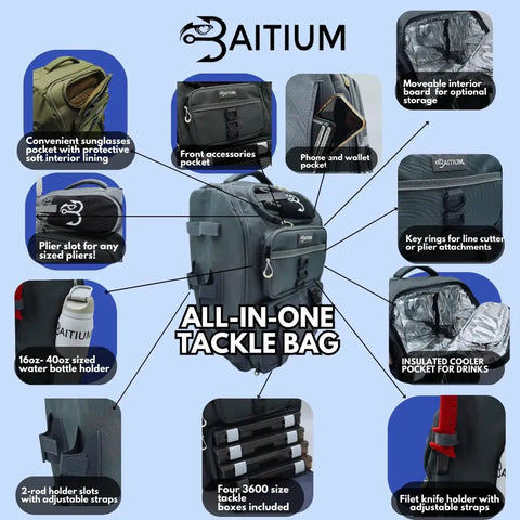 Go To Fishing Backpack Tackle Bag With Rod Holders And Built In Cooler 40L Capacity Insulated Pocket Rain Cover Four Tackle Trays Green