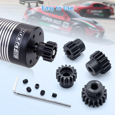 Hardened Mod One Pinion Gear With Five mm Bore And Thirteen To Seventeen Teeth for RC cars with five gears, hex tools, and parts visible.