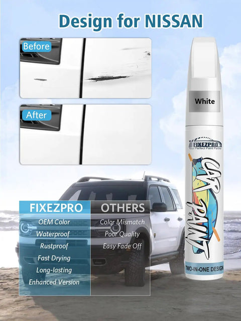 Nissan Cayenne Red Pearl Touch Up Paint Kit for Cars Exact Color Match Scratch Repair Pen DIY Easy Fix for Chips and Nicks Scuffs and Vehicle Dings Quick Color Correct for Altima Rogue Murano and More. Before and after scratch repair illustration with car.