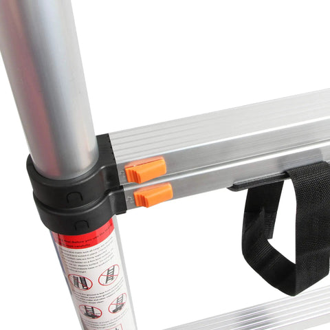 Close-up of 8.5ft Aluminum Telescoping Ladder For Home And Outdoor Use, Extension Folding Multipurpose Ladder Supports 330 Lb.
