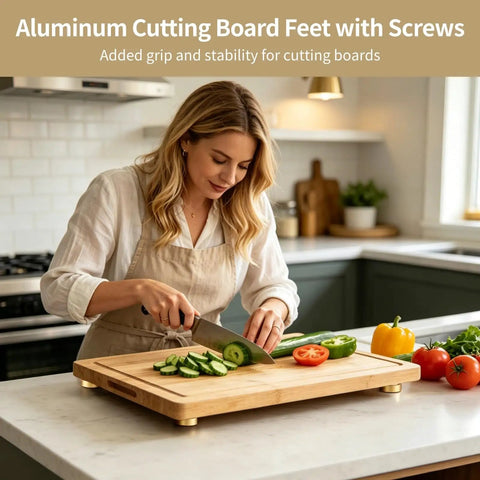Woman using wooden board with 8 pcs aluminum cutting board feet with screws round 1.18 by 0.39 in silicone rubber pads in kitchen