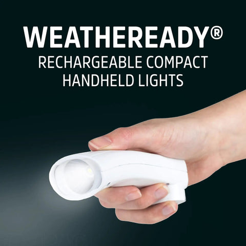 Hand holding a white Six Pack Auto On Rechargeable LED Flashlight for Power Outages, compact and handheld size, with light on.