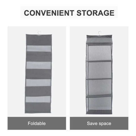 Rock Solid Four Layer Closet Hanging Shelf With Sturdy Hook Nonwoven Mesh Bag Organizer Space Saver showcasing foldable design and mesh fabric.