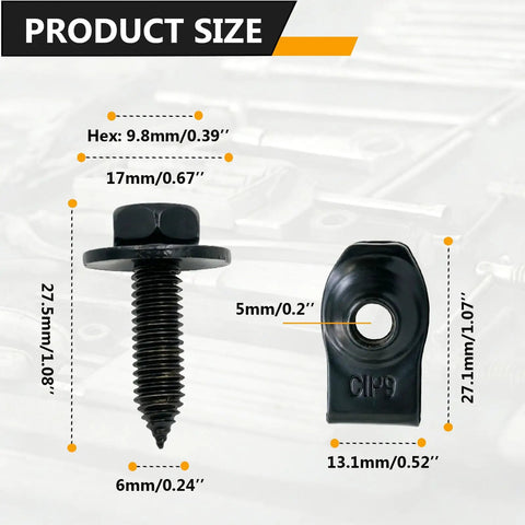 Premium Fifty Piece One Quarter Inch Universal U Nut Clips And Hex Head Bolts For Auto Body Repair Fender Liners Bumpers Wheel Arches, showing detailed dimensions of bolt and clip.