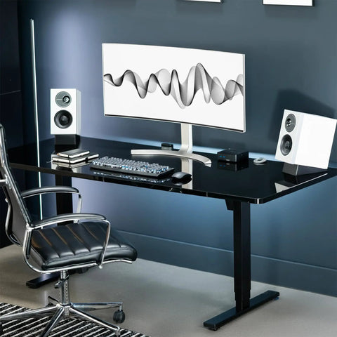 Modern desk setup with Two Pack Desk Speaker Stands With 15 Degree Tilt For Bookshelf And Desktop Speakers 5 X 8 Inch Anti Vibration Risers