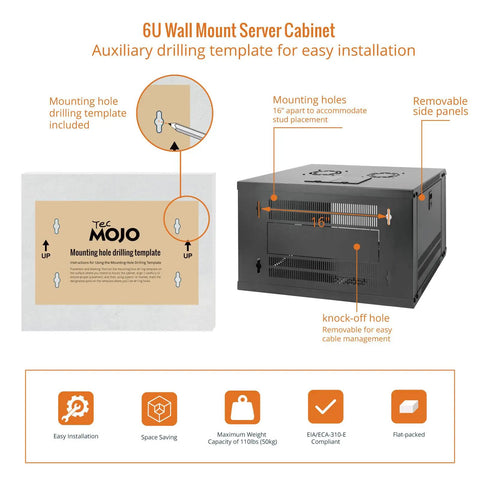 Heavy Duty 6U Wall Mount Server Cabinet With Lockable Glass Doors And Side Panels Matte Black Finish, drilling template for easy installation.