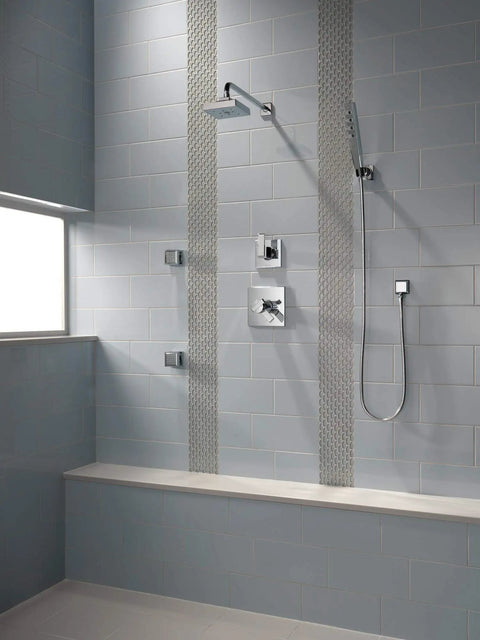 Modern bathroom with 16 Inch Black Stainless Shower Arm Trim With One Half IPS Threads, Wall Mount Design For A Fresh Shower Upgrade, Durable Finish That Lasts, Flange And Shower Head Sold Separately installed.