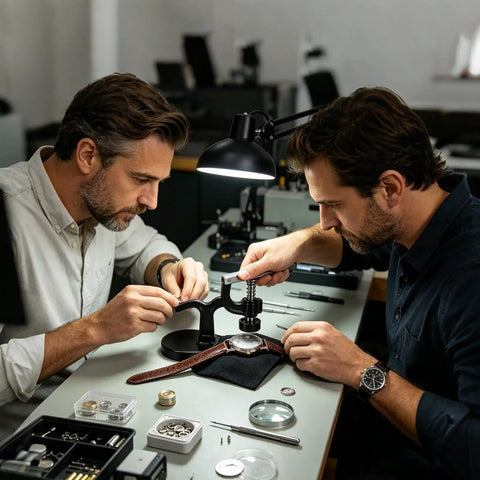 Two men using Adjustable Watch Case Opener And Back Remover Tool, 18-50mm Case Wrench With Grip in horology studio