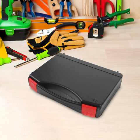 Small Hard Shell Plastic Toolbox Featuring Heavy Duty Multi Compartment Tool Organization And Secure Travel Storage With Hella Tough Durable Construction And Sweet Portable Gear Layouts on a workstation.