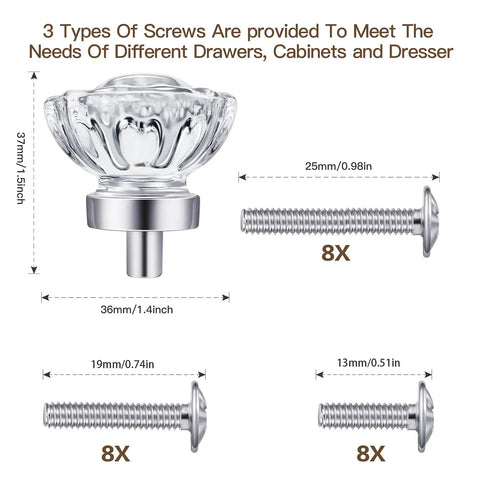 Top Shelf 8 Pack Vintage Crystal Cabinet Knobs With Sleek Chrome Bases Killer Retro Flower Drawer Pulls For Dresser Upgrade No Sweat Install that includes clear glass knobs and three types of screws.