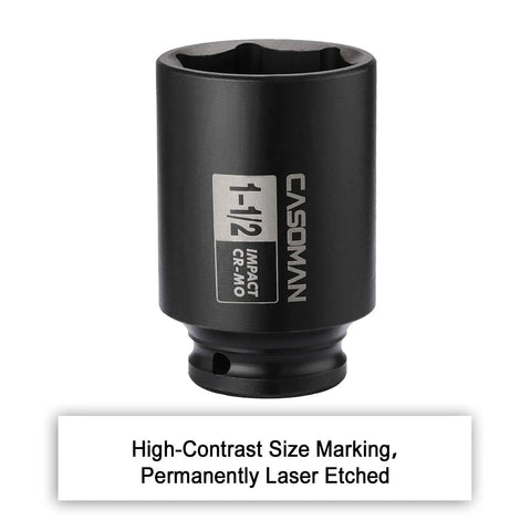 Beefy 1/2 Inch Drive Deep Impact Socket 6 Point Axle Nut Socket 1-1/2 Inch SAE CR-MO Steel with high-contrast size marking