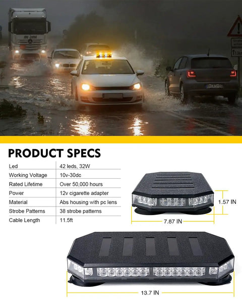 Slick 42 Led Roof Top Strobe Beacon Light Bar Brings The Heat Heavy Duty Emergency Warning Flasher view with details over flood vehicles.