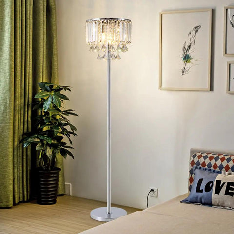 Cozy Elegant Modern Crystal Floor Lamp With Chrome Finish, 59 Inch Tall, Three Lights Lit Crystal Column Lamp For Living Room