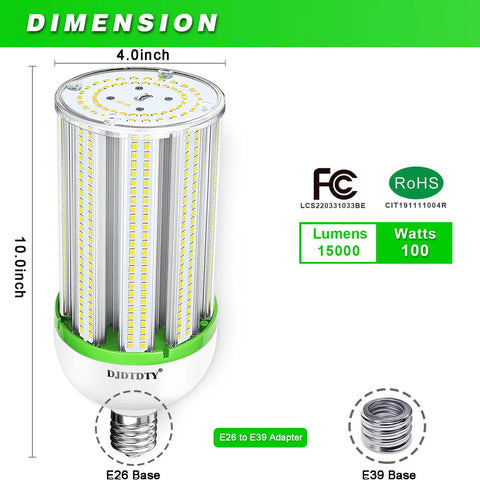 2 Pack 1000W Equivalent LED Bulbs 5000K 15000 Lumens E26 E39 Base High Bay Warehouse Garage Shop Lighting Replaces Metal Halide HID CFL Energy Saving Upgrade For Boss Level Lighting dimensions and adapters shown.