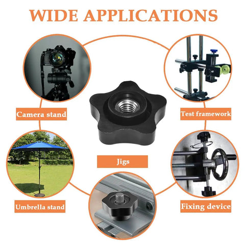 4 Pack 5/16-18 Female Thread Knob T Handle Black Nylon Five Star Head Clamping Nut Knobs Set With Stainless Steel Insert