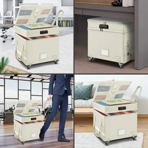 Rock Solid Fireproof Document Box With Secure Lock And Smooth Rollers Collapsible Portable Filing Cabinet Water Resistant Storage Organizer Roomy Beige in office and home settings.