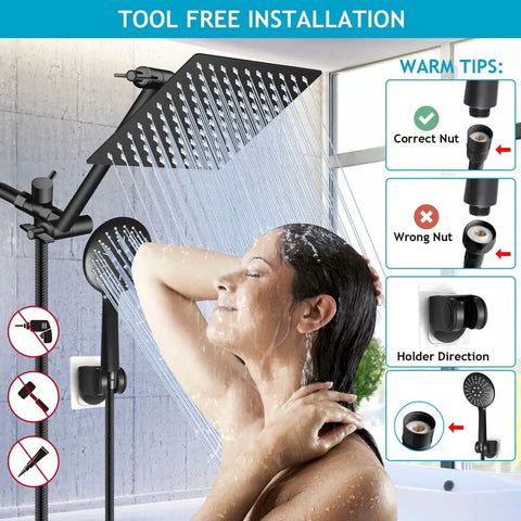 8 Inch Rain Shower Head With 11 Inch Adjustable Arm And 60 Inch Hose, High Pressure Handheld Combo With user showering