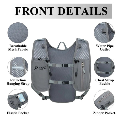 Front view of Ultra Lightweight Hydration Vest Backpack with 1.5L Insulated Water Bladder, chest strap buckle, zipper pocket details.