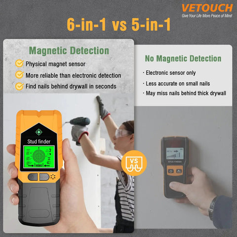 Comparison of 6-in-1 vs 5-in-1 wall scanners showing features and reliability for finding wood metal AC wires. Zero Guesswork Required On This Built Tough 6 In 1 Wall Scanner Plus Stud Detector Featuring Easy LCD Screens And Audible Alerts For Finding Wood Metal Ac Wires And Pipes Inside Ceilings Or Walls Orange.