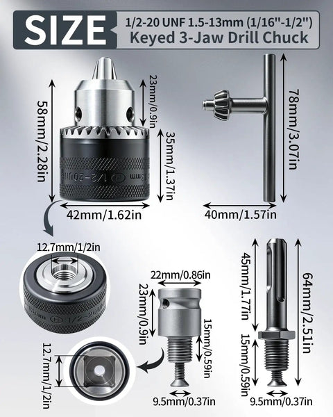 Half Inch Keyed Drill Chuck Adapter Kit for Impact Wrench and SDS Plus with dimensions in detailed view