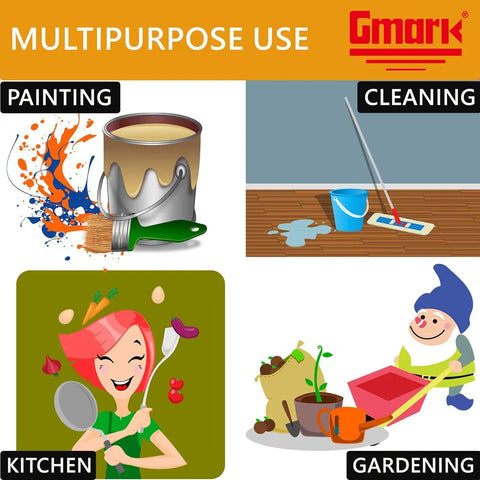 Illustration of multipurpose use including painting, cleaning, gardening, and kitchen activities with colorful graphics.