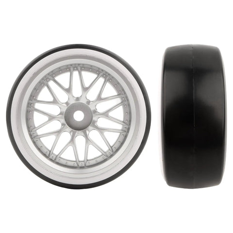 Front and side view of 1/10 Scale RC Drift Tires 4 Pack On Road Wheels With 12mm Hex Hubs Beefy Hard Plastic Grip