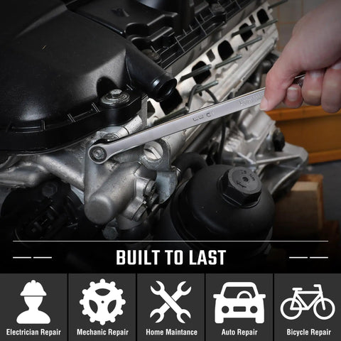 Using 10Mm Extra Long Ratcheting Wrench Metric CR V Steel Built Beefy For Maximum Reach And Torque Durable Chrome Vanadium Tool on engine