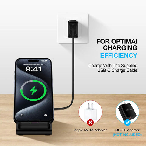 Must Have All In One Wireless Charging Stand For Fast Charging Phone Dock With 15W 10W And 7.5W Modes Compatible With Galaxy S24 Ultra docked iPhone showing charging status with USB-C cable plugged into wall outlet.