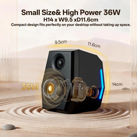 Immersive Gaming Speakers With DSP And 36W Power 24bit USB DAC Bluetooth 5.2 2.0 RGB Desktop PC Speakers, black, side view illustration