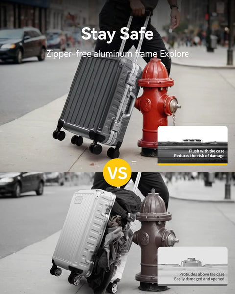 Comparison of aluminum frame carry-on luggage showcasing zipper-free safety and ease of packing.