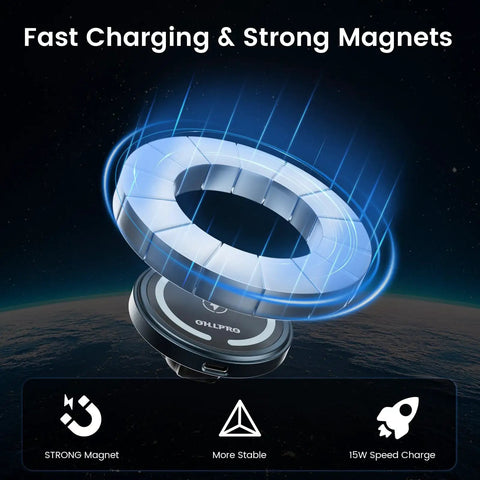 Illustration highlighting the powerful magnet and 15W fast charging of MagSafe Car Mount Charger For iPhone Wireless Car Charger
