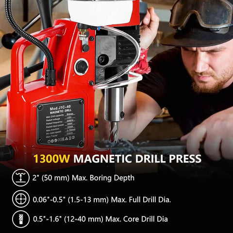Heavy Duty Magnetic Drill Press 110V With Power Cord showing 1300W motor, magnetic base, and drilling precision for steel work.