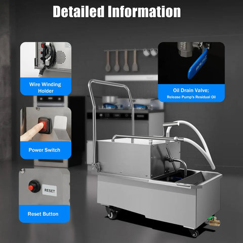 Built Tough Mobile Fryer Oil Filter System 55 Liter 110 Volt Commercial Restaurant Grease Transfer Pump with controls and details.