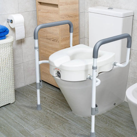 Super Steady Raised Toilet Seat With Secure Grab Bars And Anti Tip Legs Adds Five Inch Lift For Seniors, sturdy design in bathroom.