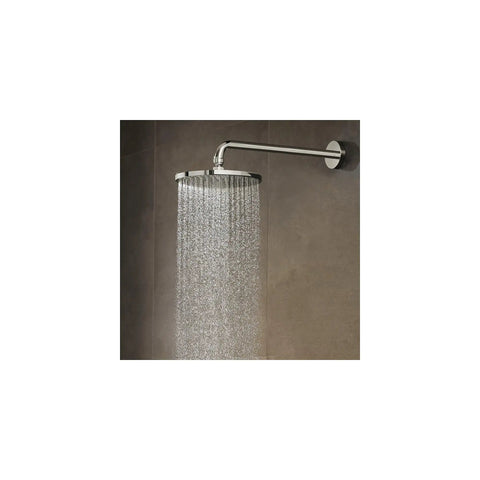 Solid Complete Shower System Featuring Smooth Three Spray Modes With Rapid Connect Handshower And Broad Rain Head Boasting Auto Temperature Control In Slick Brushed Nickel - overhead view of rain shower head.