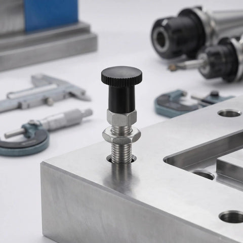 Rock Solid Spring Loaded Indexing Plunger With 4mm Pin installed on machined metal plate, showcasing smooth assembly for secure clamping.