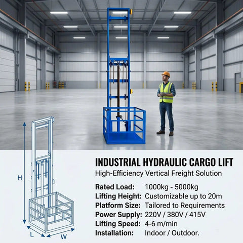 Total Beast Heavy Duty Electric Hydraulic Cargo Lift, wall mounted rail hoist in warehouse, handles 2200 lb loads, 4-6 m/min speed.