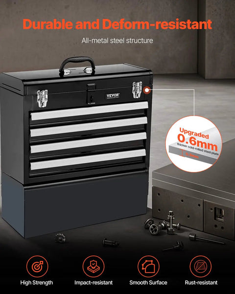 Rock Solid Portable Metal Tool Box With Four Deep Rollout Drawers And Smooth Ball Bearing Slides Secured By A Heavy Duty Lock for storage.