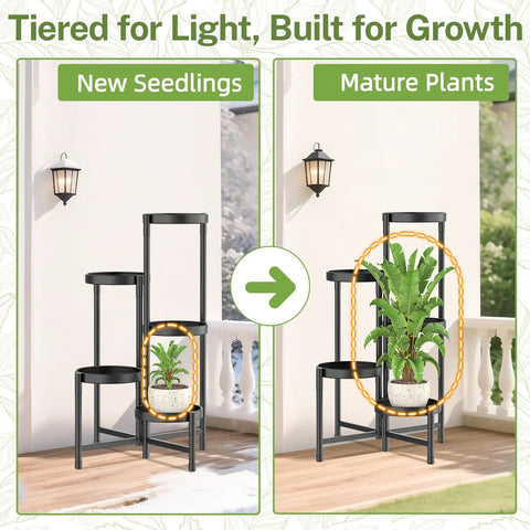 Premium 5 Tier Metal Corner Plant Stand For Indoor Outdoor Use showing new seedlings and mature plants on decorative shelf.