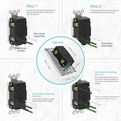 Diagram of 20 Amp GFCI Outdoor Outlet With Self Test, Weather Resistant Receptacle showing wiring steps and components in detail
