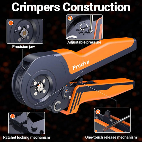 Top Tier Preciva Quadrilateral Ferrule Crimping Tool Kit With 1280pcs Wire Terminals And Ratchet Action For Automotive DIY Wiring Projects Perfect For Pros and Homeowners orange crimper with adjustable pressure