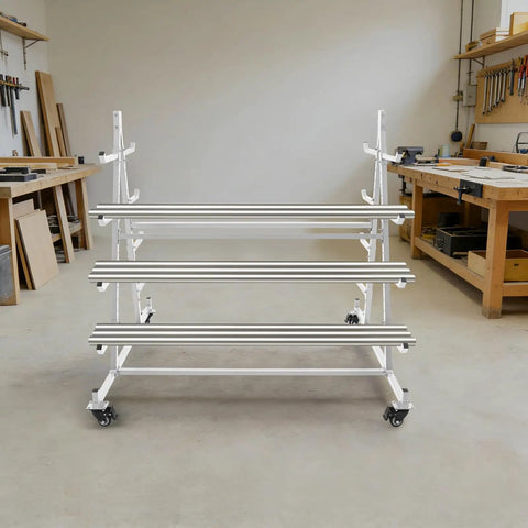 Heavy Duty Five Tier Lumber Storage Rack With Locking Casters For Garage Workshop Woodshop, solid white steel frame with smooth rollers.