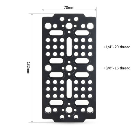 Battle Tested Camera Cheese Plate With Dual Thread Options Secure Switching Mount Featuring Arri Align Pin for precise mounting, 132x70mm.