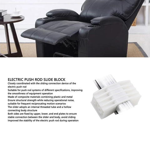 Black leather power recliner chair with extended footrest and a white plastic electric push-rod slide block.