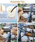 Assembly tips for All In One 1/4 Inch Drip Irrigation Fittings Kit With 130 Pieces showing steps to install barbed couplings and tubing.